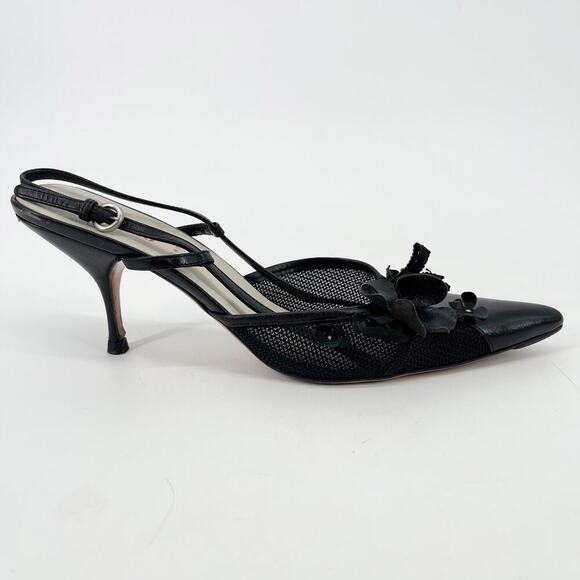 Miu Miu Vintage Retro Black Flower Bow Mesh Pointed Toe Slingback Heel IT 38 - Picture 3 of 13